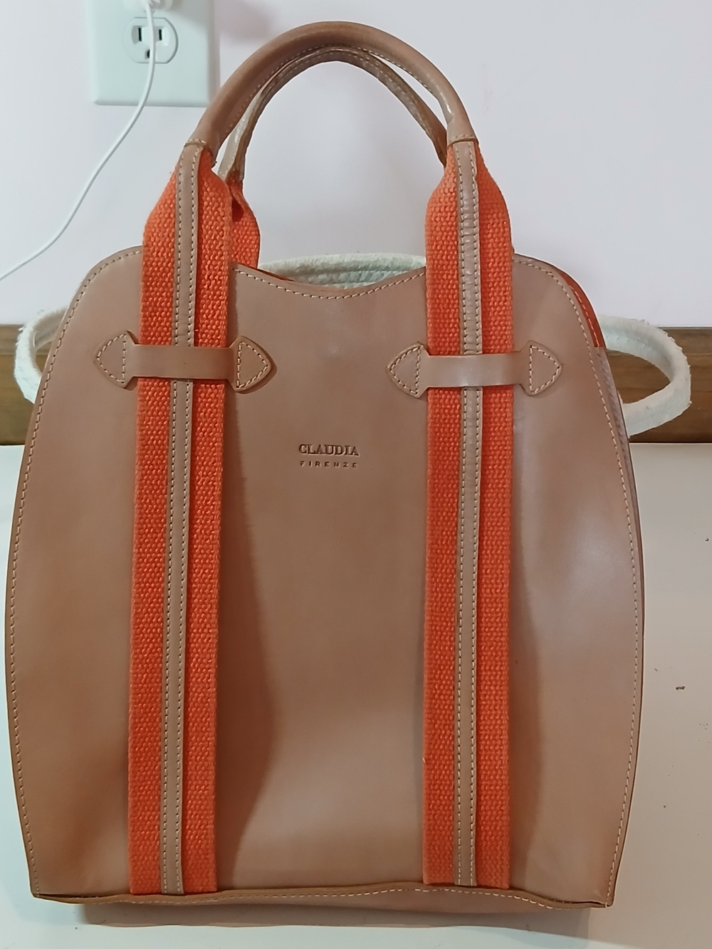 Claudia Firenze Tan Leather Tote with Orange Straps